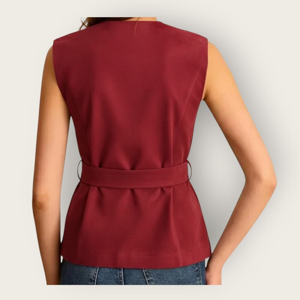 Commense Red Suede Belted Vest Gold Button Tailored Top NWT - S Parisian Chic - Picture 6 of 7